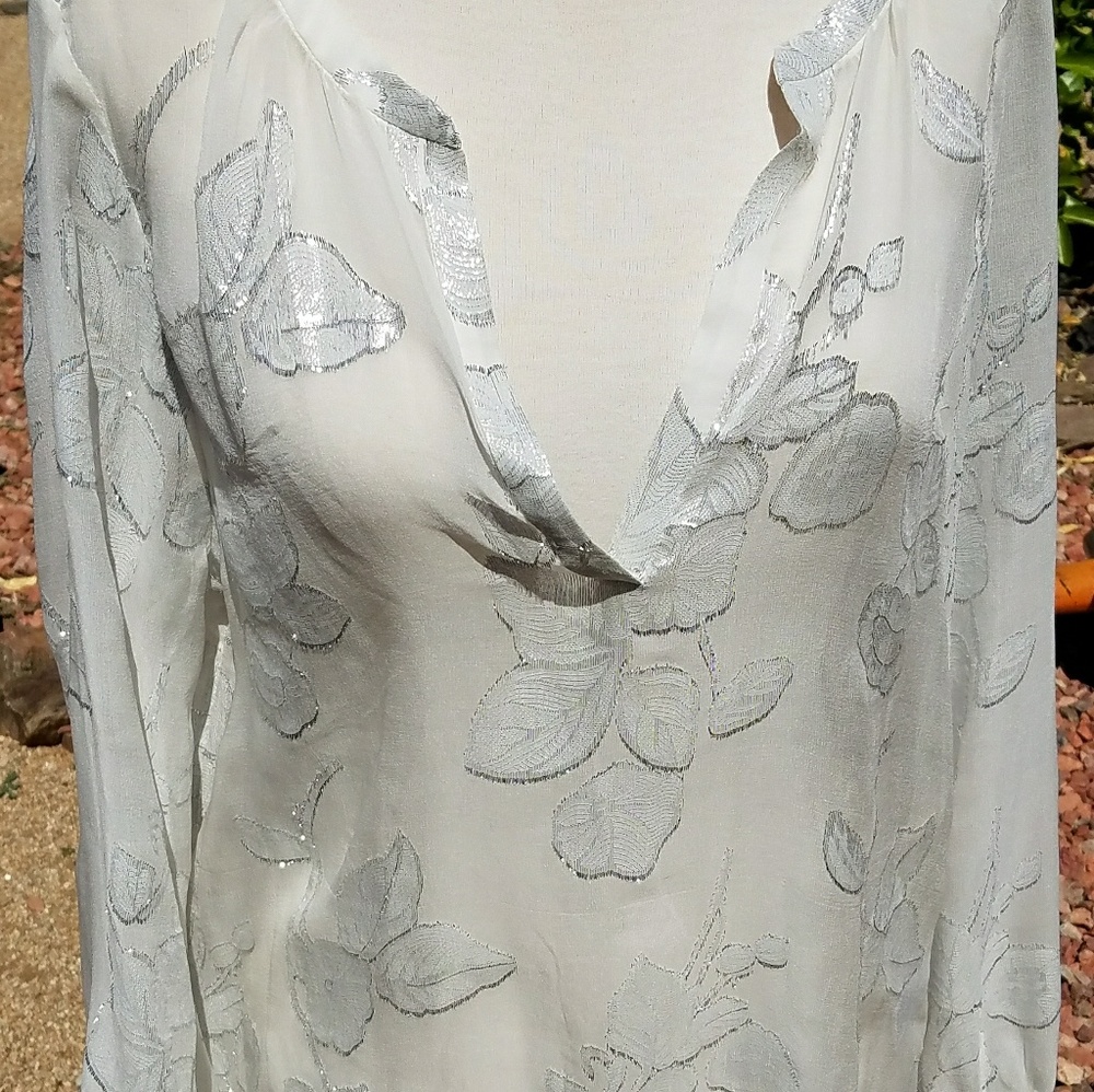 Joie White Silk Silver Metallic Floral Blouse Sz M